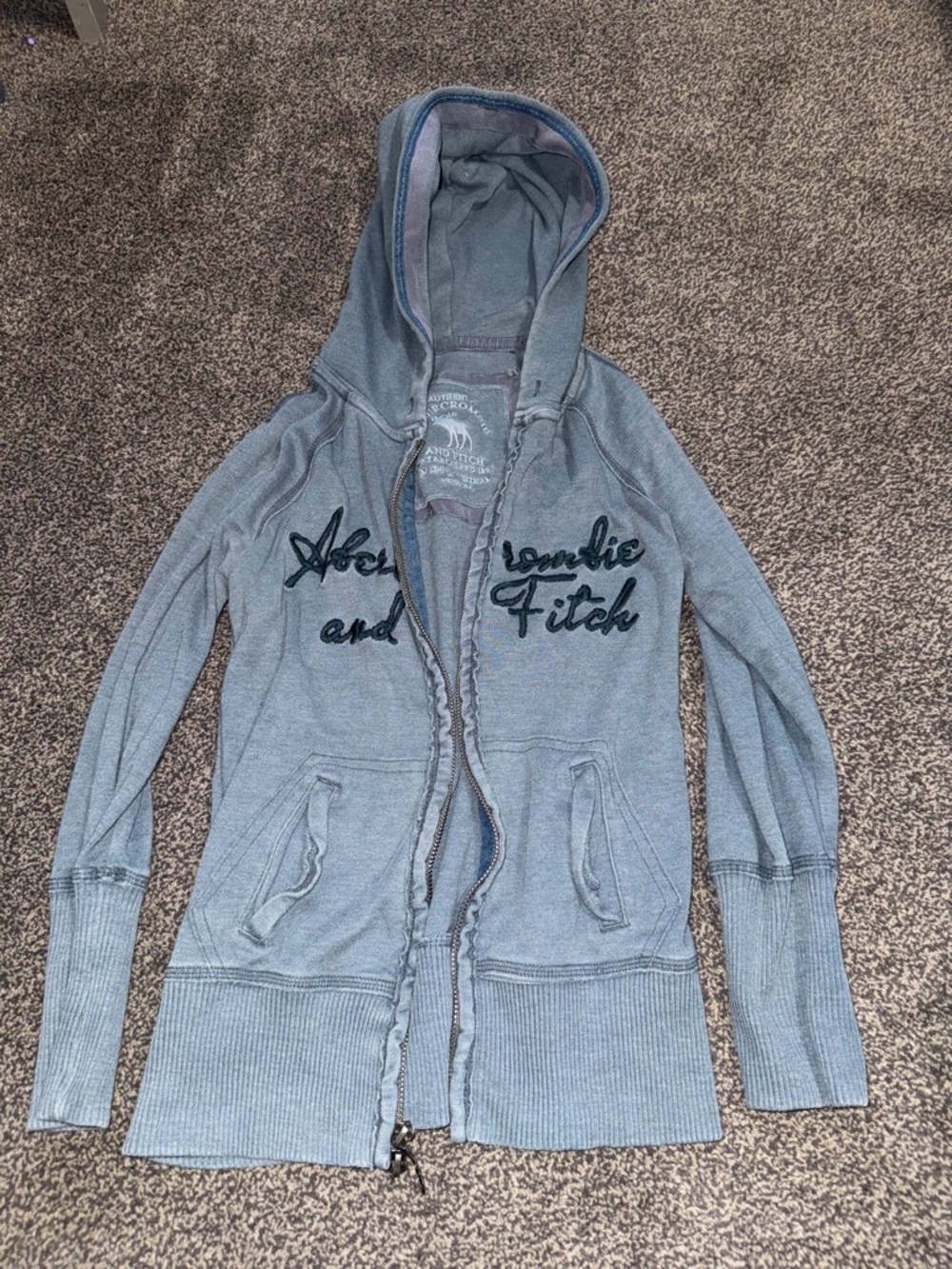 Y2K Abercrombie & Fitch Zip Up Hoodie Blue Embroidered Logo Medium